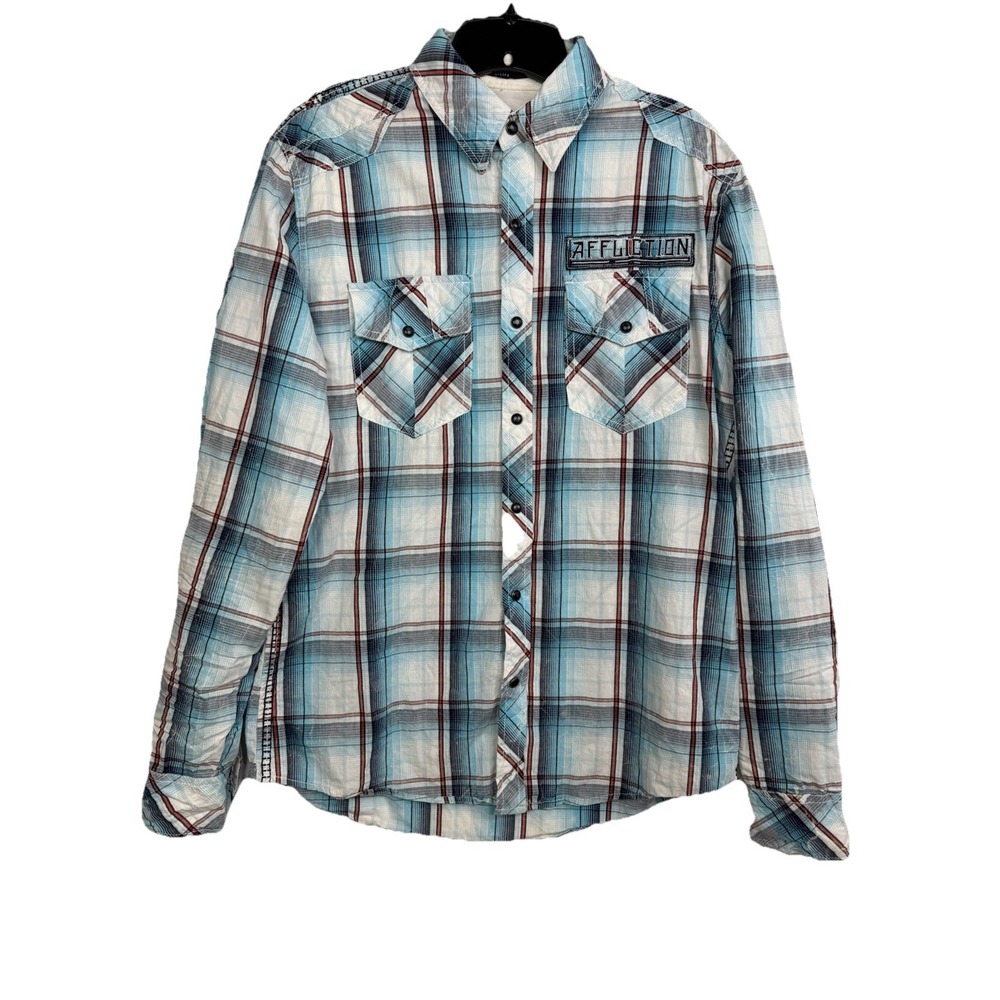 Affliction Y2K Black Premium Embroidered Pearl Snap Plaid LS Shirt Mens Large